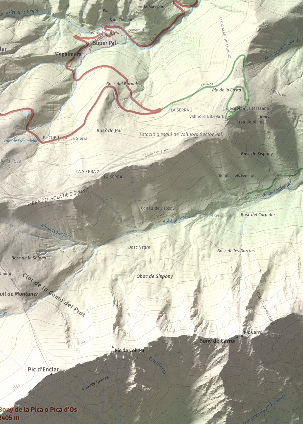 Mapa de relieve de Bony de la Pica o Pica d'Os, 2405 m, Alt Urgell · Andorra, lámina 100 Cims de Trobart. Detalle de la zona superior derecha. 50 × 70 cm.
