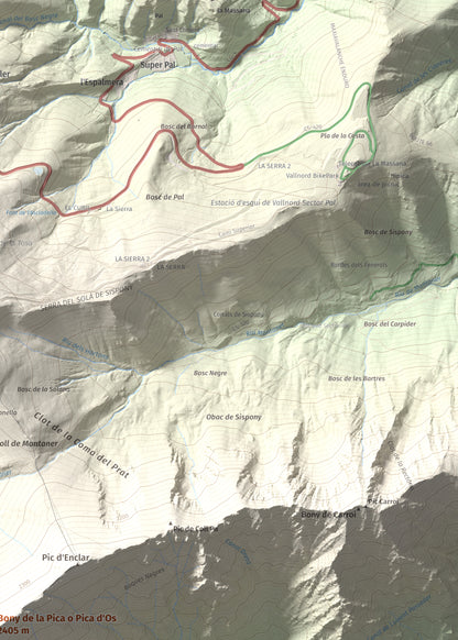 Mapa de relieve de Bony de la Pica o Pica d'Os, 2405 m, Alt Urgell · Andorra, lámina 100 Cims de Trobart. Detalle de la zona superior derecha. 50 × 70 cm.