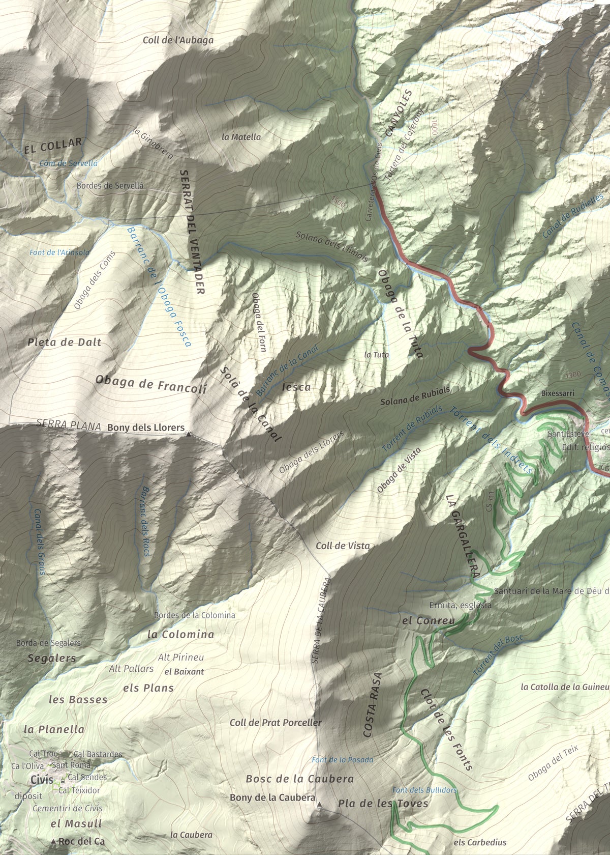 Mapa de relieve de Bony de la Pica o Pica d'Os, 2405 m, Alt Urgell · Andorra, lámina 100 Cims de Trobart. Detalle de la zona inferior izquierda. 50 × 70 cm.