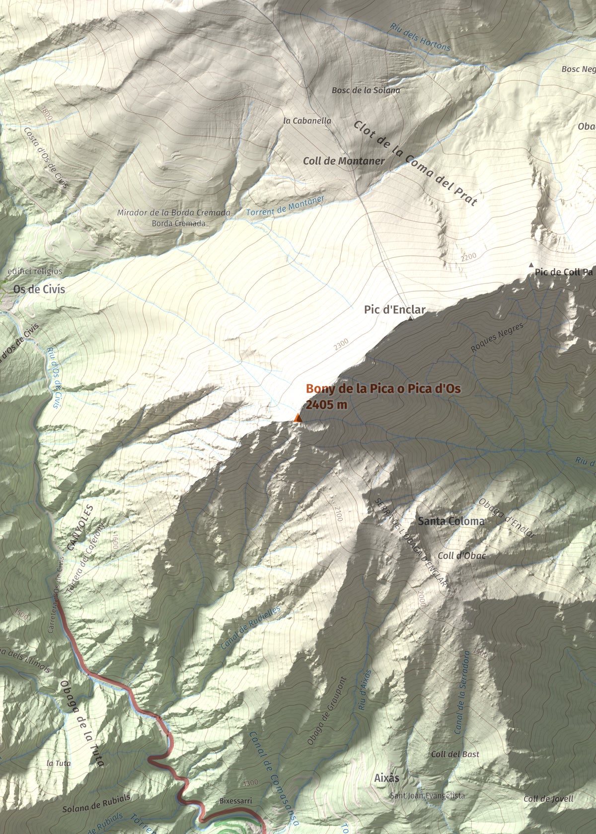 Mapa de relieve de Bony de la Pica o Pica d'Os, 2405 m, Alt Urgell · Andorra, lámina 100 Cims de Trobart. Detalle de la zona central. 50 × 70 cm.