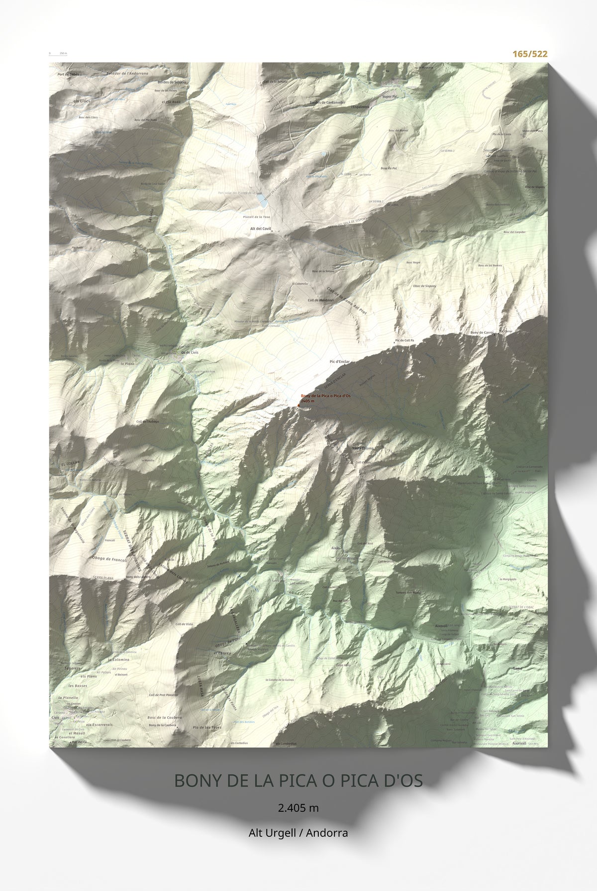 Mapa de relieve de Bony de la Pica o Pica d'Os, 2405 m, Alt Urgell · Andorra, lámina 100 Cims de Trobart 61 × 91 cm.