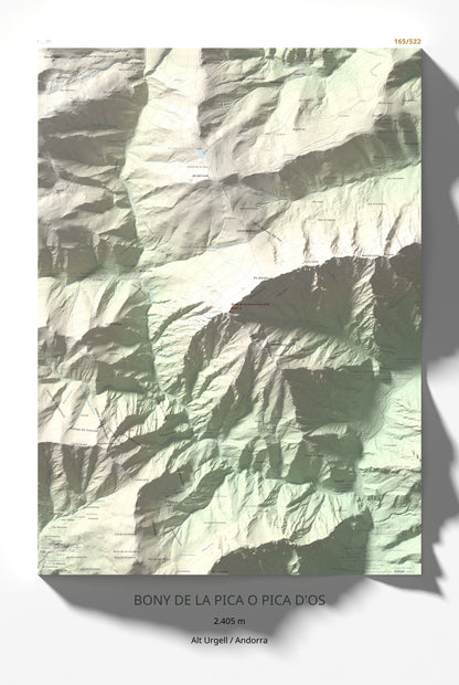 Mapa de relieve de Bony de la Pica o Pica d'Os, 2405 m, Alt Urgell · Andorra, lámina 100 Cims de Trobart 61 × 91 cm.