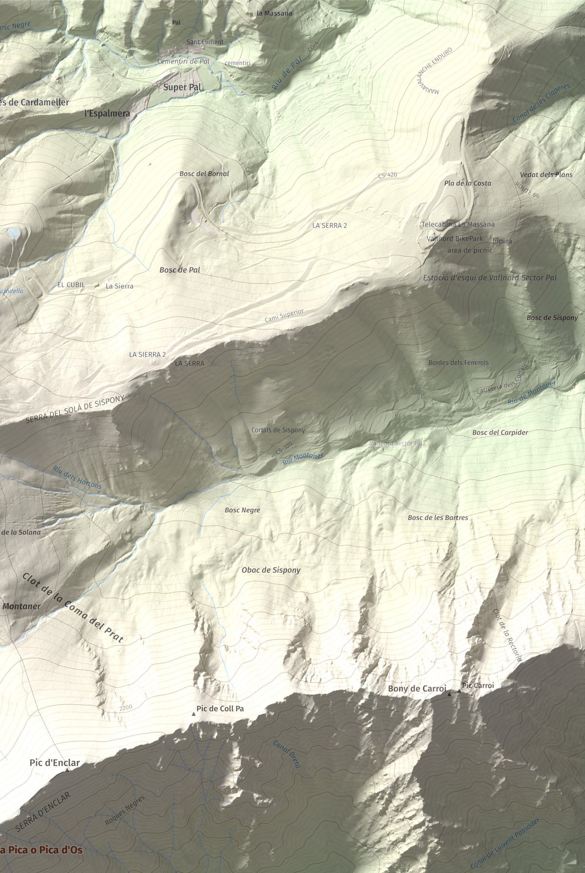 Mapa de relieve de Bony de la Pica o Pica d'Os, 2405 m, Alt Urgell · Andorra, lámina 100 Cims de Trobart. Detalle de la zona superior derecha. 61 × 91 cm.