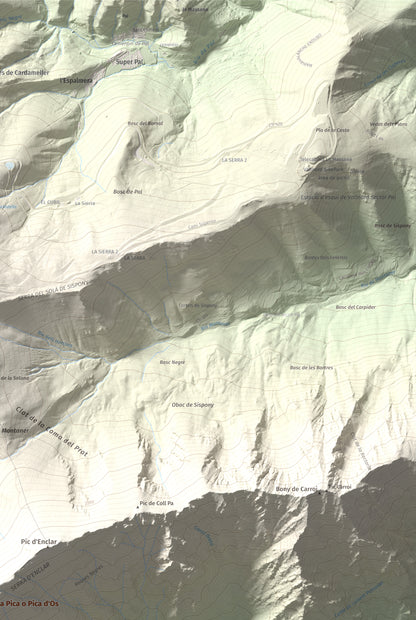 Mapa de relieve de Bony de la Pica o Pica d'Os, 2405 m, Alt Urgell · Andorra, lámina 100 Cims de Trobart. Detalle de la zona superior derecha. 61 × 91 cm.