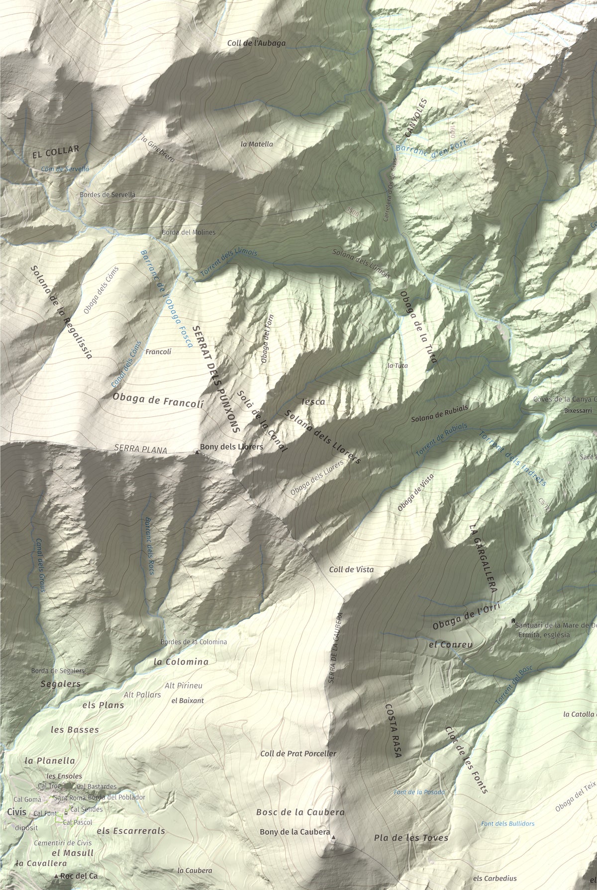 Mapa de relieve de Bony de la Pica o Pica d'Os, 2405 m, Alt Urgell · Andorra, lámina 100 Cims de Trobart. Detalle de la zona inferior izquierda. 61 × 91 cm.