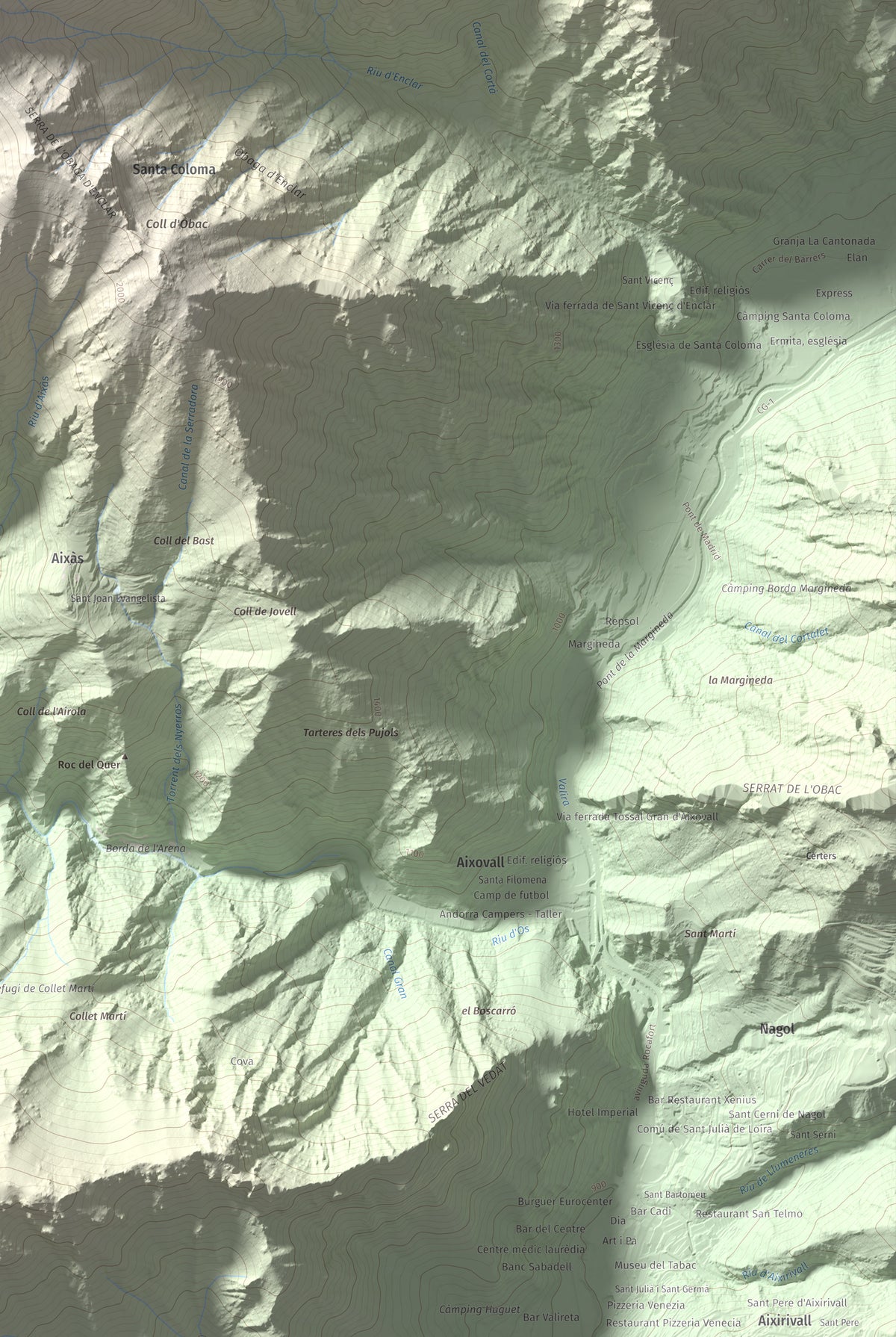 Mapa de relieve de Bony de la Pica o Pica d'Os, 2405 m, Alt Urgell · Andorra, lámina 100 Cims de Trobart. Detalle de la zona inferior derecha. 61 × 91 cm.