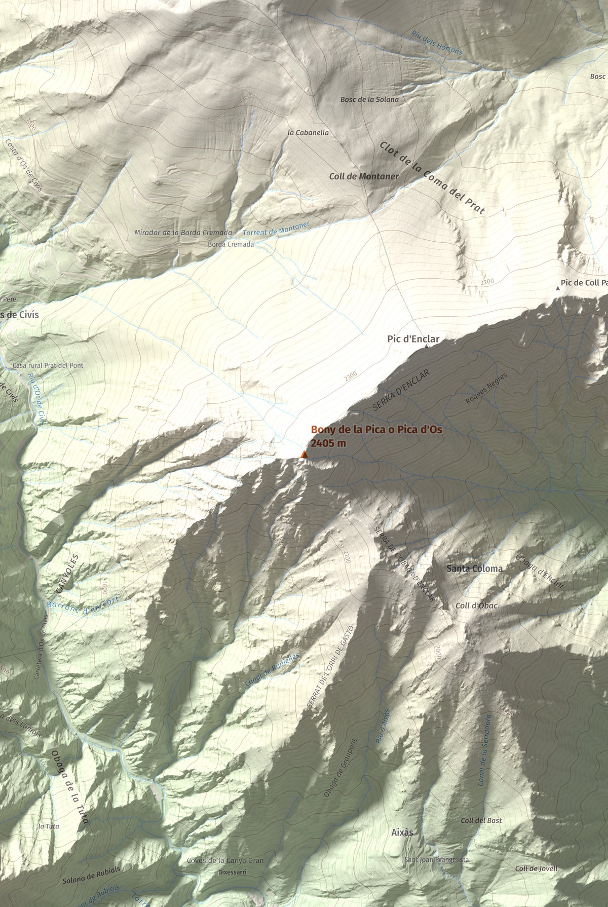 Mapa de relieve de Bony de la Pica o Pica d'Os, 2405 m, Alt Urgell · Andorra, lámina 100 Cims de Trobart. Detalle de la zona central. 61 × 91 cm.
