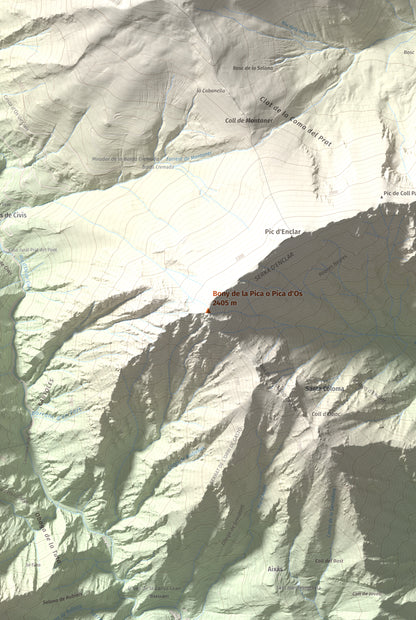 Mapa de relieve de Bony de la Pica o Pica d'Os, 2405 m, Alt Urgell · Andorra, lámina 100 Cims de Trobart. Detalle de la zona central. 61 × 91 cm.