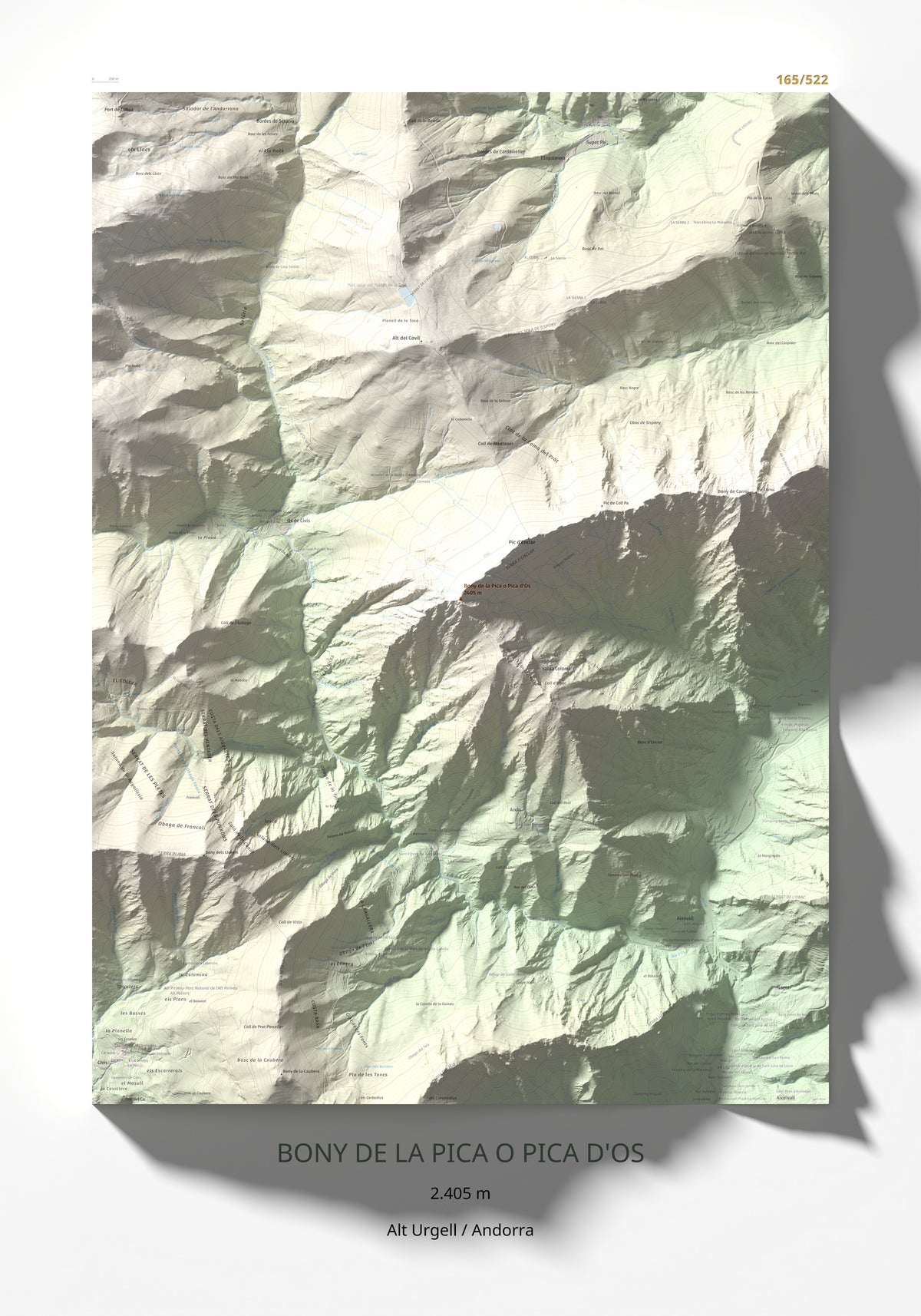 Mapa de relieve de Bony de la Pica o Pica d'Os, 2405 m, Alt Urgell · Andorra, lámina 100 Cims de Trobart 70 × 100 cm.