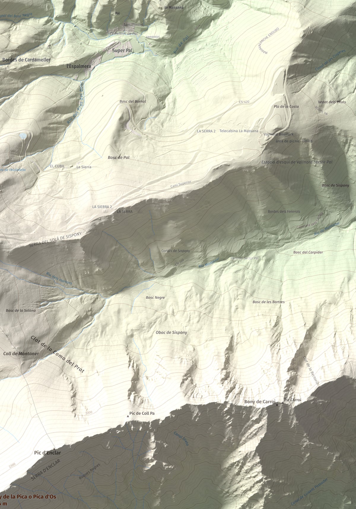 Mapa de relieve de Bony de la Pica o Pica d'Os, 2405 m, Alt Urgell · Andorra, lámina 100 Cims de Trobart. Detalle de la zona superior derecha. 70 × 100 cm.