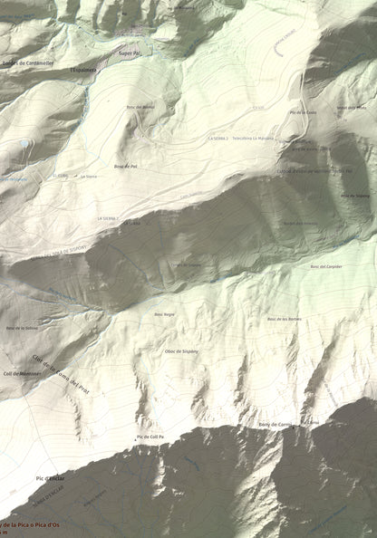 Mapa de relieve de Bony de la Pica o Pica d'Os, 2405 m, Alt Urgell · Andorra, lámina 100 Cims de Trobart. Detalle de la zona superior derecha. 70 × 100 cm.