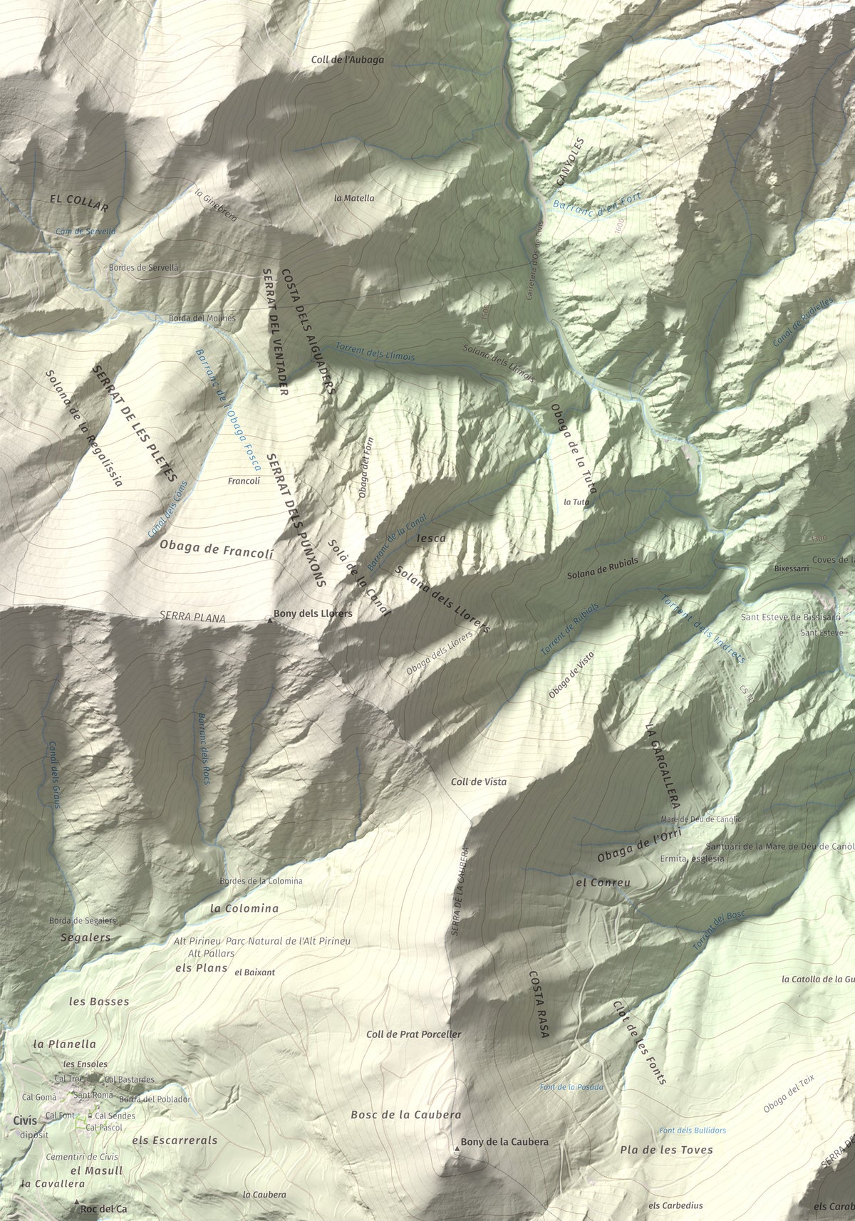 Mapa de relieve de Bony de la Pica o Pica d'Os, 2405 m, Alt Urgell · Andorra, lámina 100 Cims de Trobart. Detalle de la zona inferior izquierda. 70 × 100 cm.