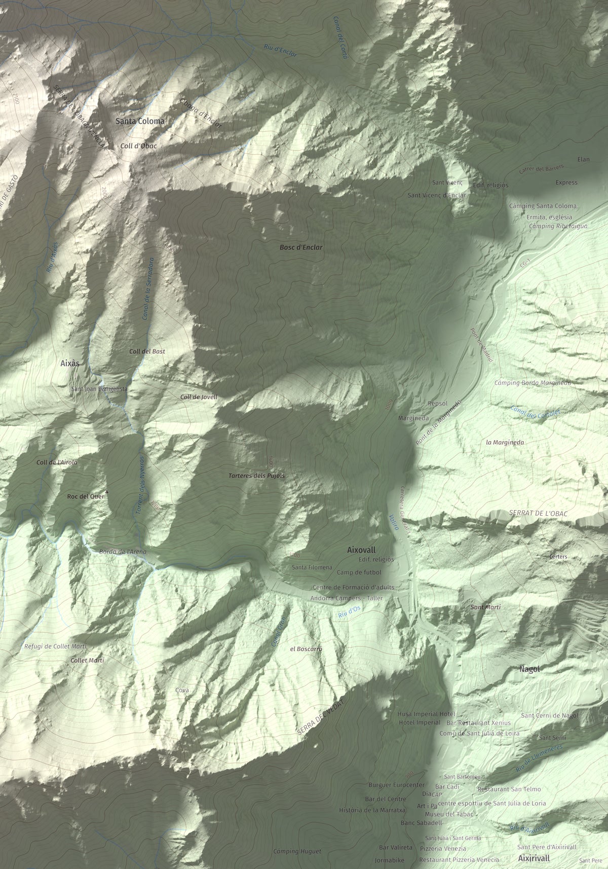 Mapa de relieve de Bony de la Pica o Pica d'Os, 2405 m, Alt Urgell · Andorra, lámina 100 Cims de Trobart. Detalle de la zona inferior derecha. 70 × 100 cm.