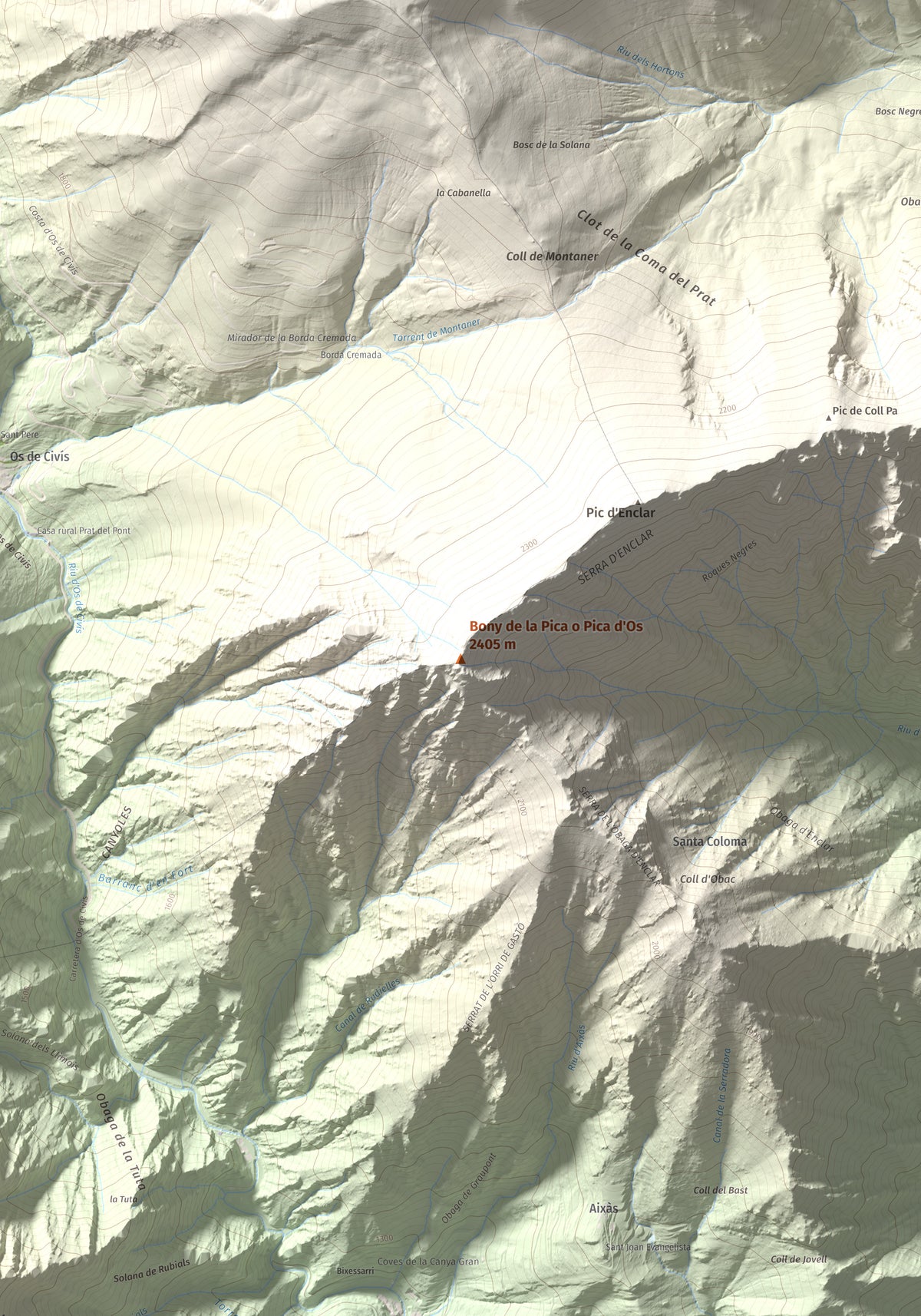 Mapa de relieve de Bony de la Pica o Pica d'Os, 2405 m, Alt Urgell · Andorra, lámina 100 Cims de Trobart. Detalle de la zona central. 70 × 100 cm.
