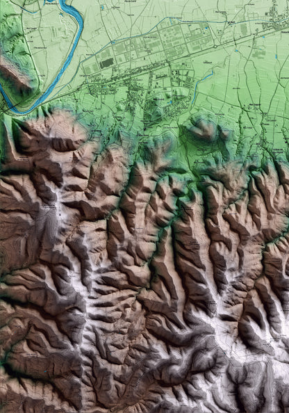 Mapa artístico del relieve de Bordils, al Gironès, con 15 km de entorno y base topográfica ICGC. Detalle de la zona inferior izquierda.