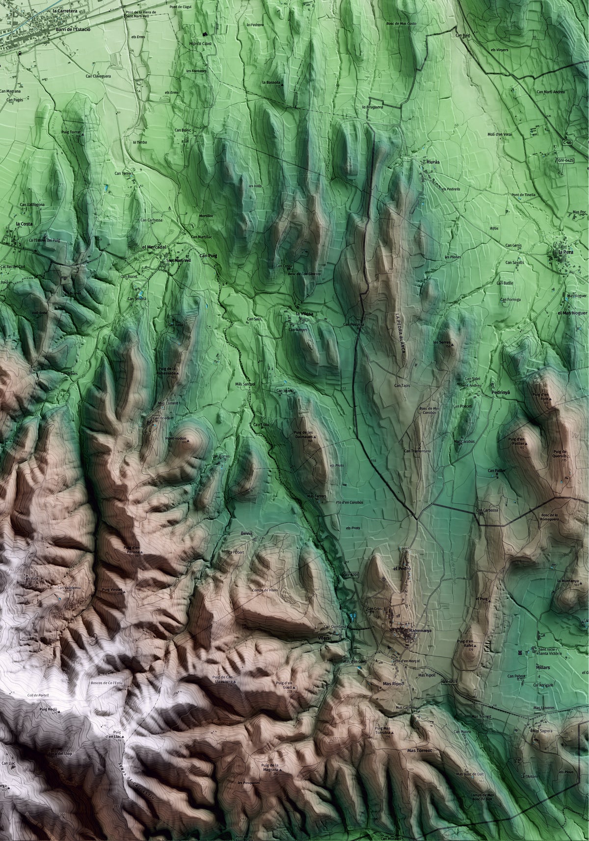 Mapa artístico del relieve de Bordils, al Gironès, con 15 km de entorno y base topográfica ICGC. Detalle de la zona inferior derecha.