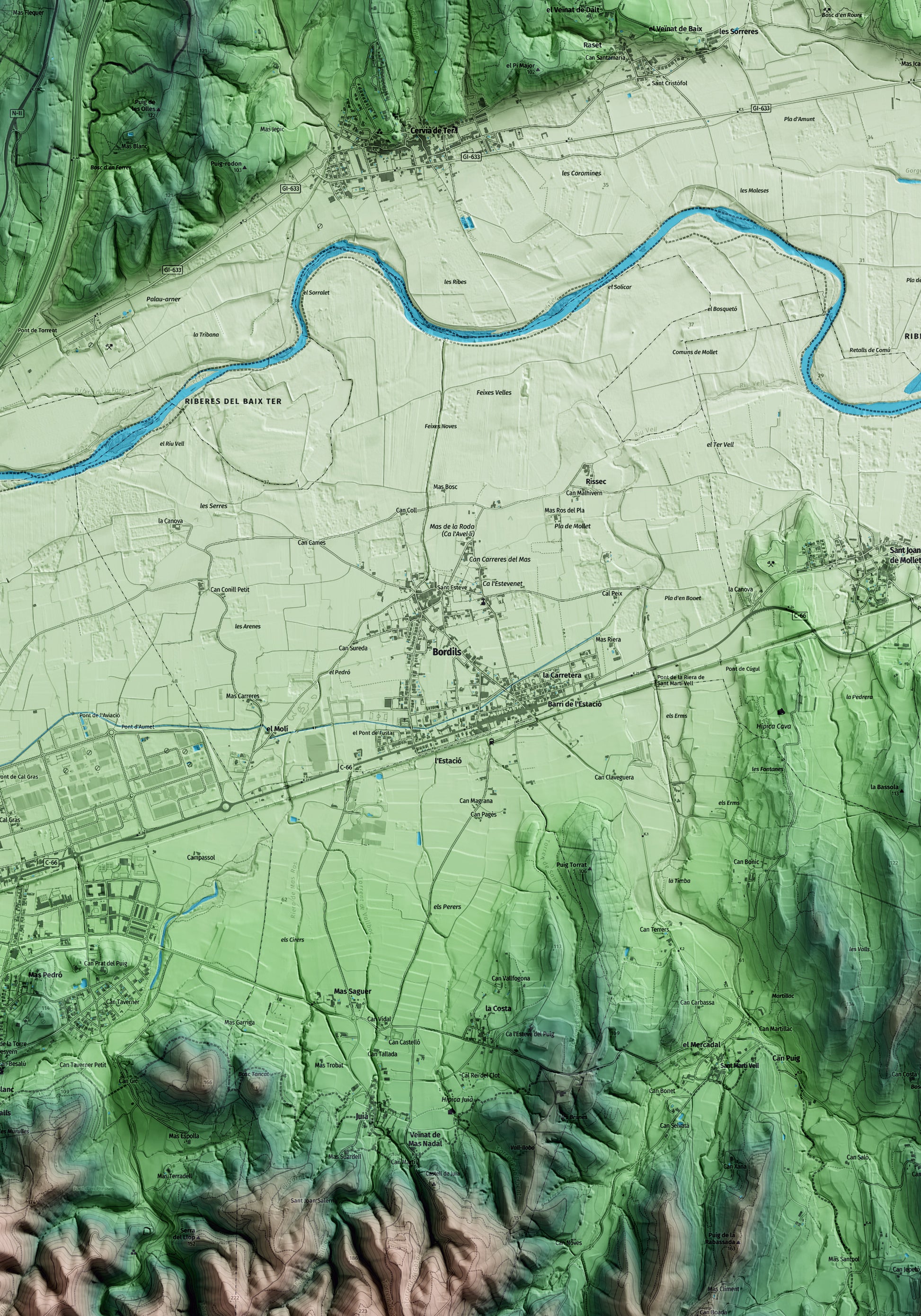 Mapa artístico del relieve de Bordils, al Gironès, con 15 km de entorno y base topográfica ICGC. Detalle de la zona central.