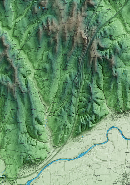 Mapa artístico del relieve de Bordils, al Gironès, con 15 km de entorno y base topográfica ICGC. Detalle de la zona superior izquierda.