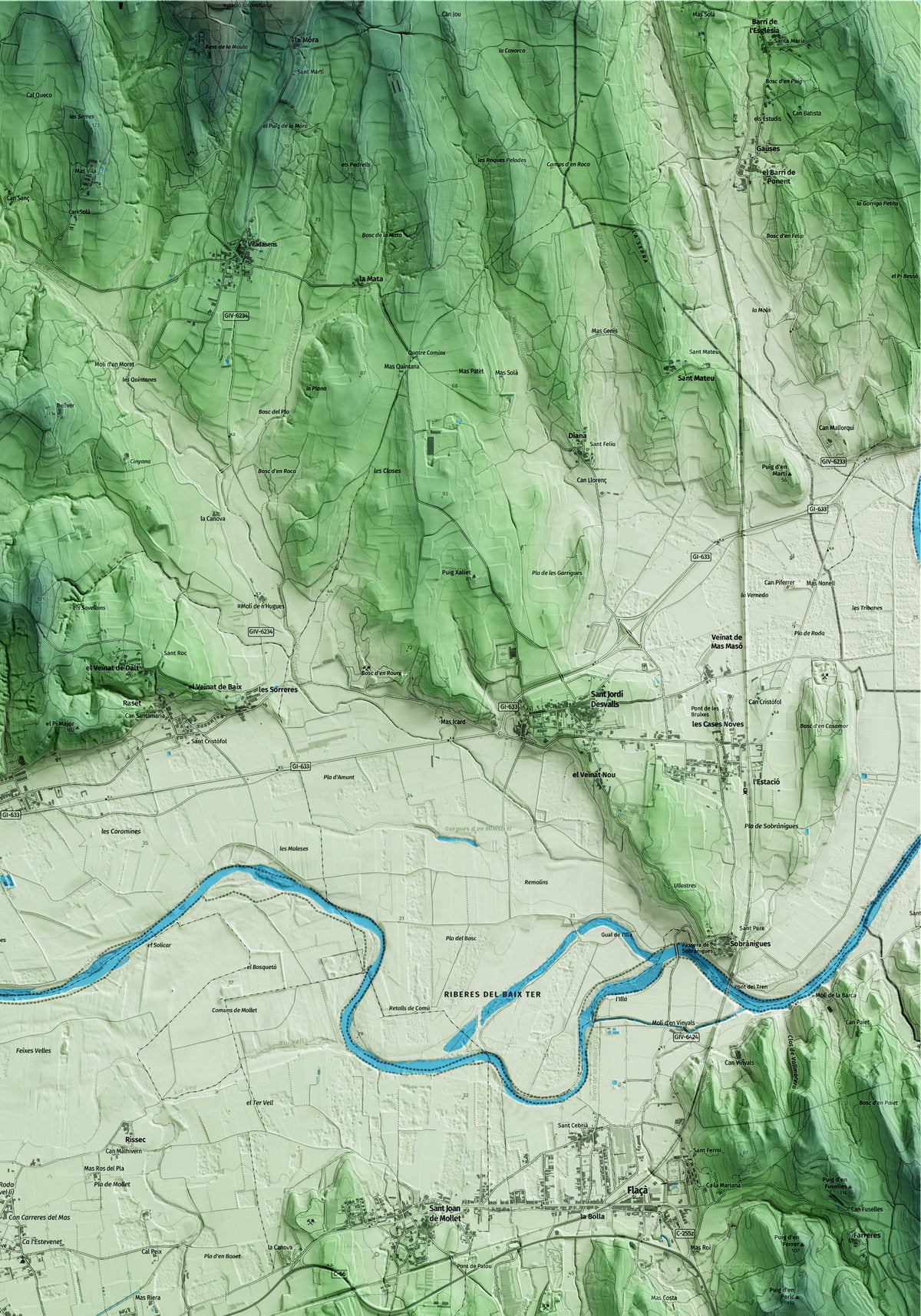 Mapa artístico del relieve de Bordils, al Gironès, con 15 km de entorno y base topográfica ICGC. Detalle de la zona superior derecha.