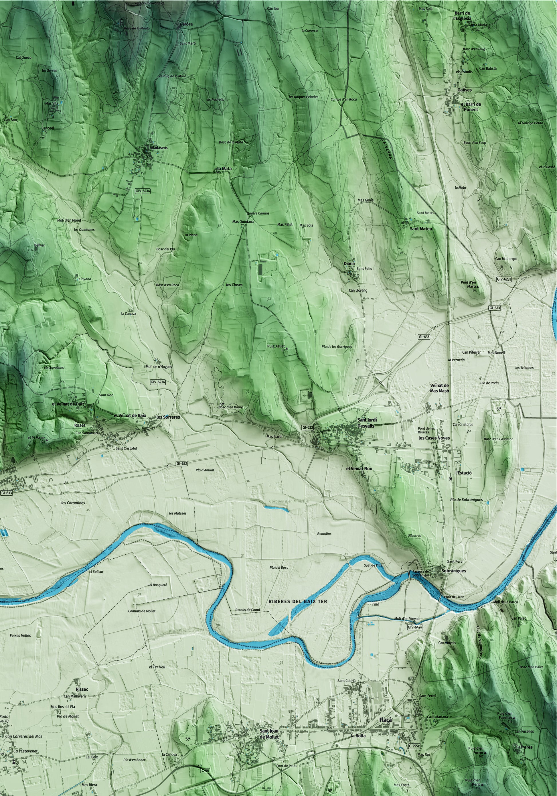 Mapa artístico del relieve de Bordils, al Gironès, con 15 km de entorno y base topográfica ICGC. Detalle de la zona superior derecha.