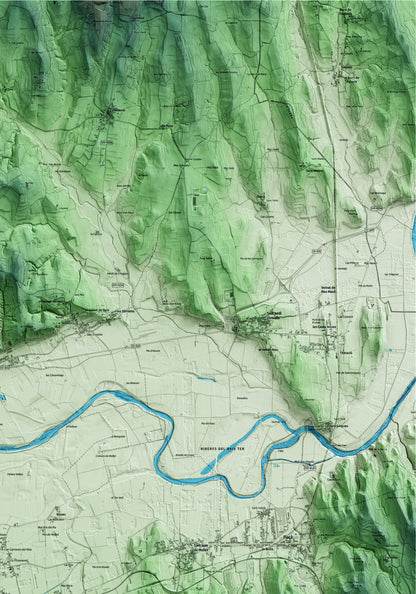 Mapa artístico del relieve de Bordils, al Gironès, con 15 km de entorno y base topográfica ICGC. Detalle de la zona superior derecha.