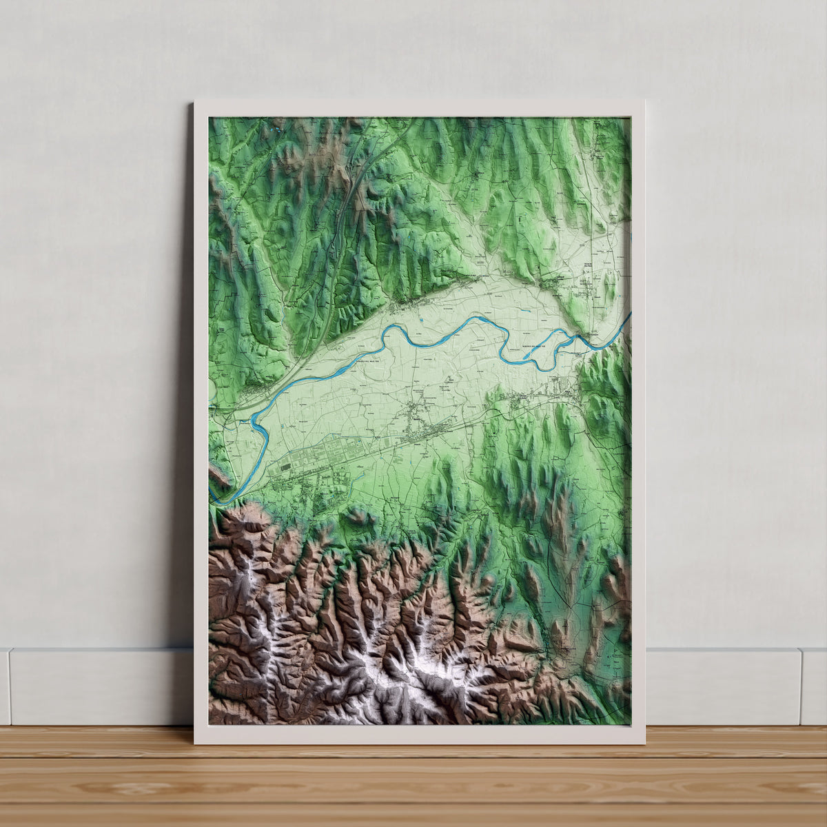 Mapa artístico del relieve de Bordils, al Gironès, con 15 km de entorno y base topográfica ICGC. Presentación enmarcada.