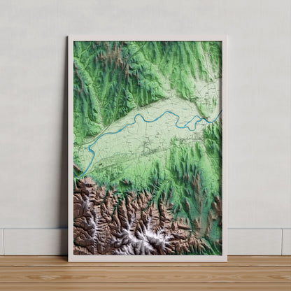 Mapa artístico del relieve de Bordils, al Gironès, con 15 km de entorno y base topográfica ICGC. Presentación enmarcada.