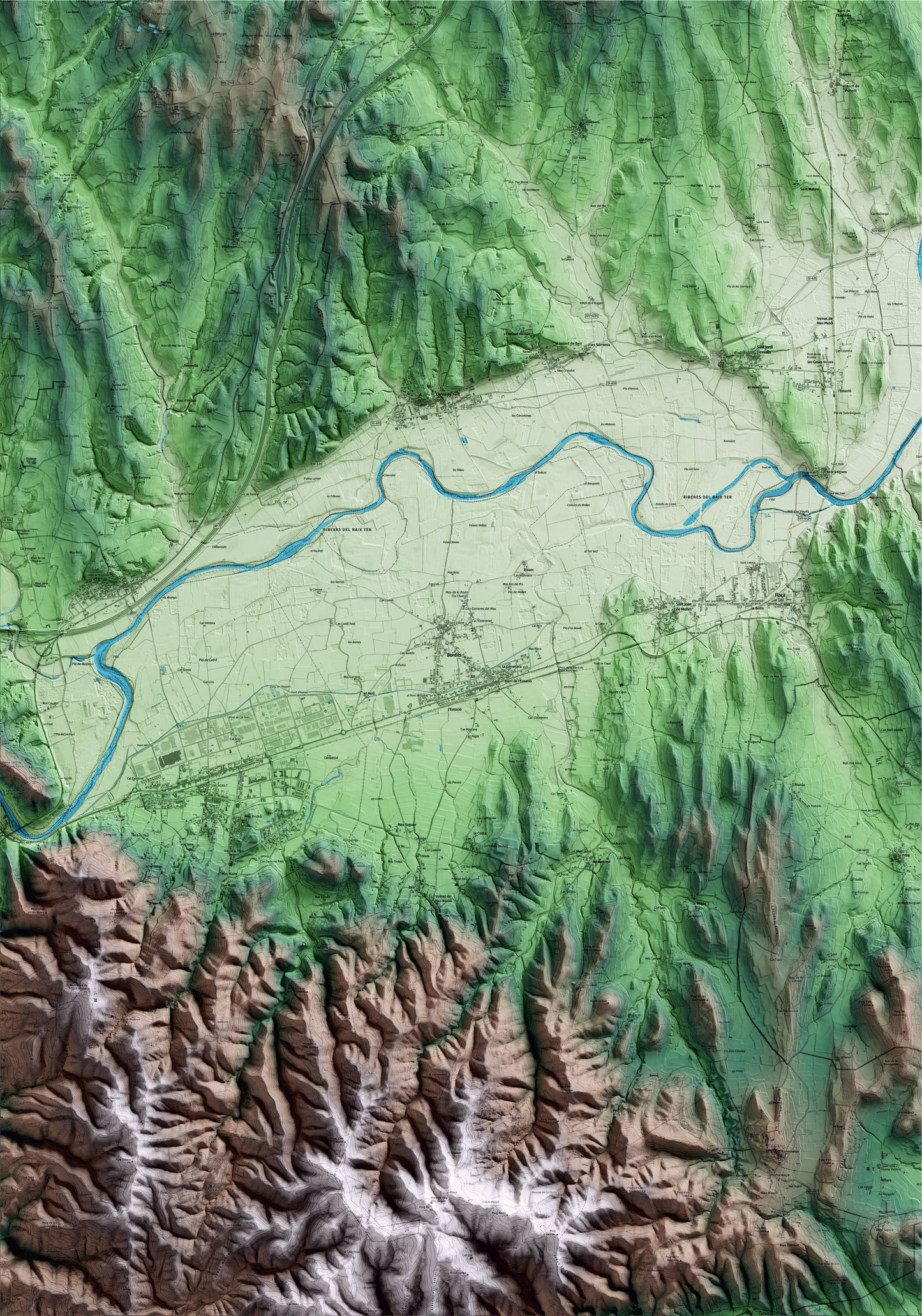 Mapa artístico del relieve de Bordils, al Gironès, con 15 km de entorno y base topográfica ICGC