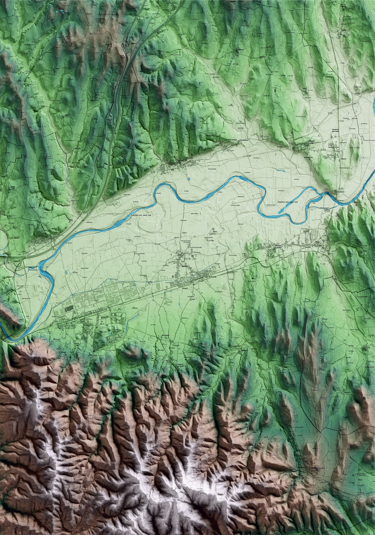 Mapa artístico del relieve de Bordils, al Gironès, con 15 km de entorno y base topográfica ICGC