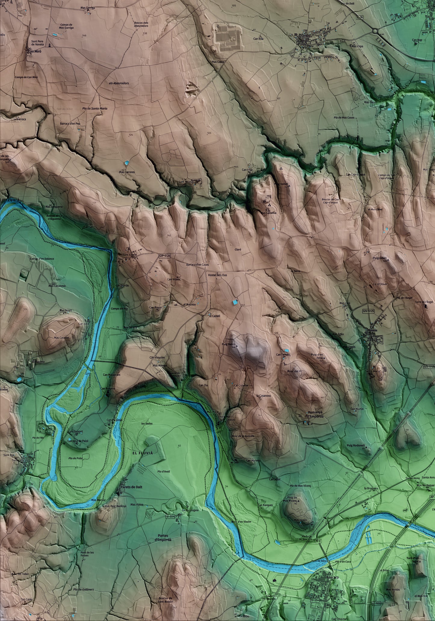Mapa artístico del relieve de Borrassà, al Alt Empordà, con 15 km de entorno y base topográfica ICGC. Detalle de la zona inferior izquierda.