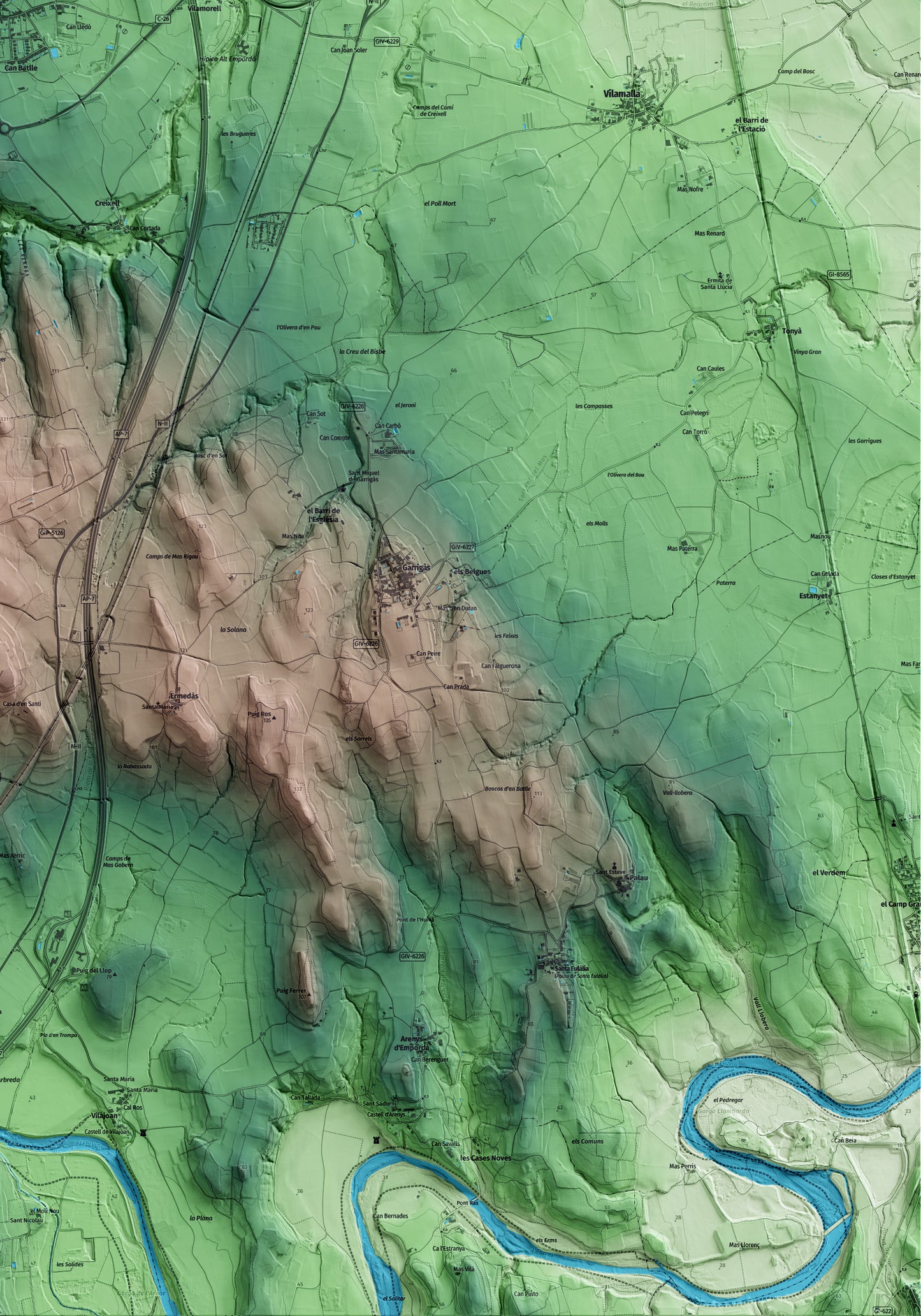 Mapa artístico del relieve de Borrassà, al Alt Empordà, con 15 km de entorno y base topográfica ICGC. Detalle de la zona inferior derecha.