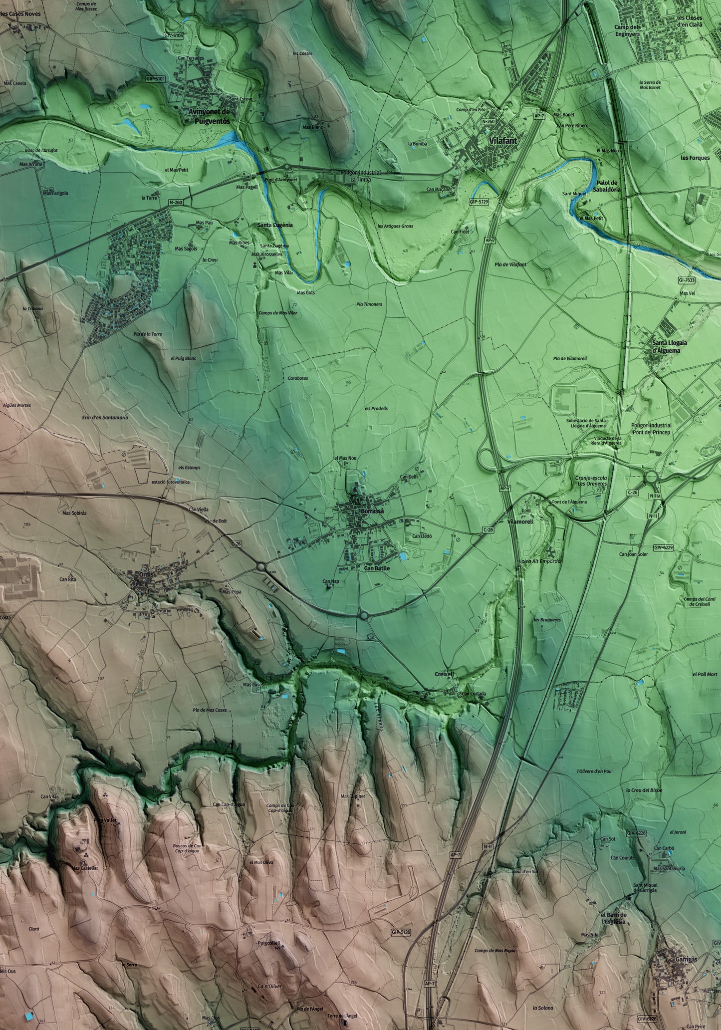 Mapa artístico del relieve de Borrassà, al Alt Empordà, con 15 km de entorno y base topográfica ICGC. Detalle de la zona central.