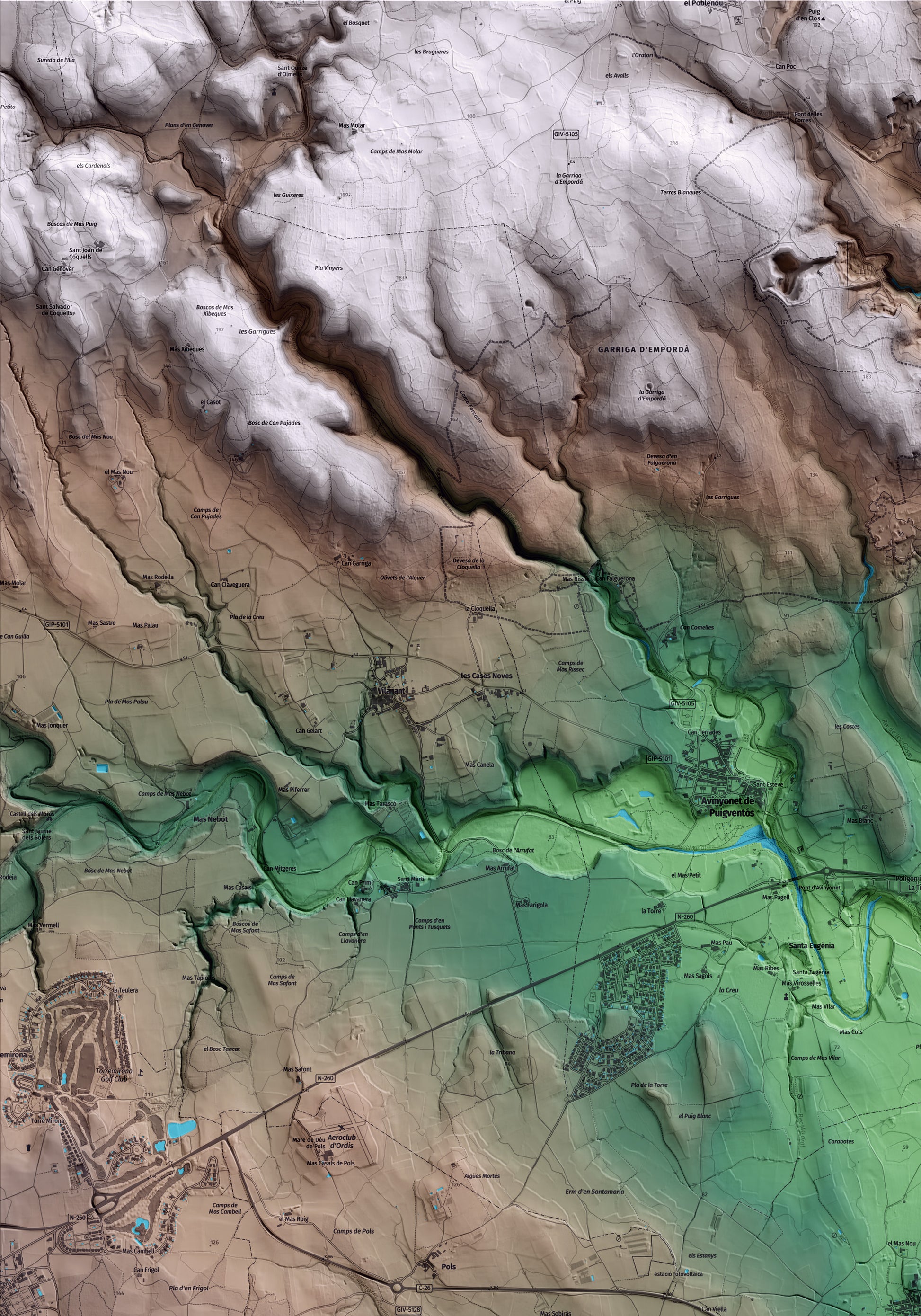 Mapa artístico del relieve de Borrassà, al Alt Empordà, con 15 km de entorno y base topográfica ICGC. Detalle de la zona superior izquierda.