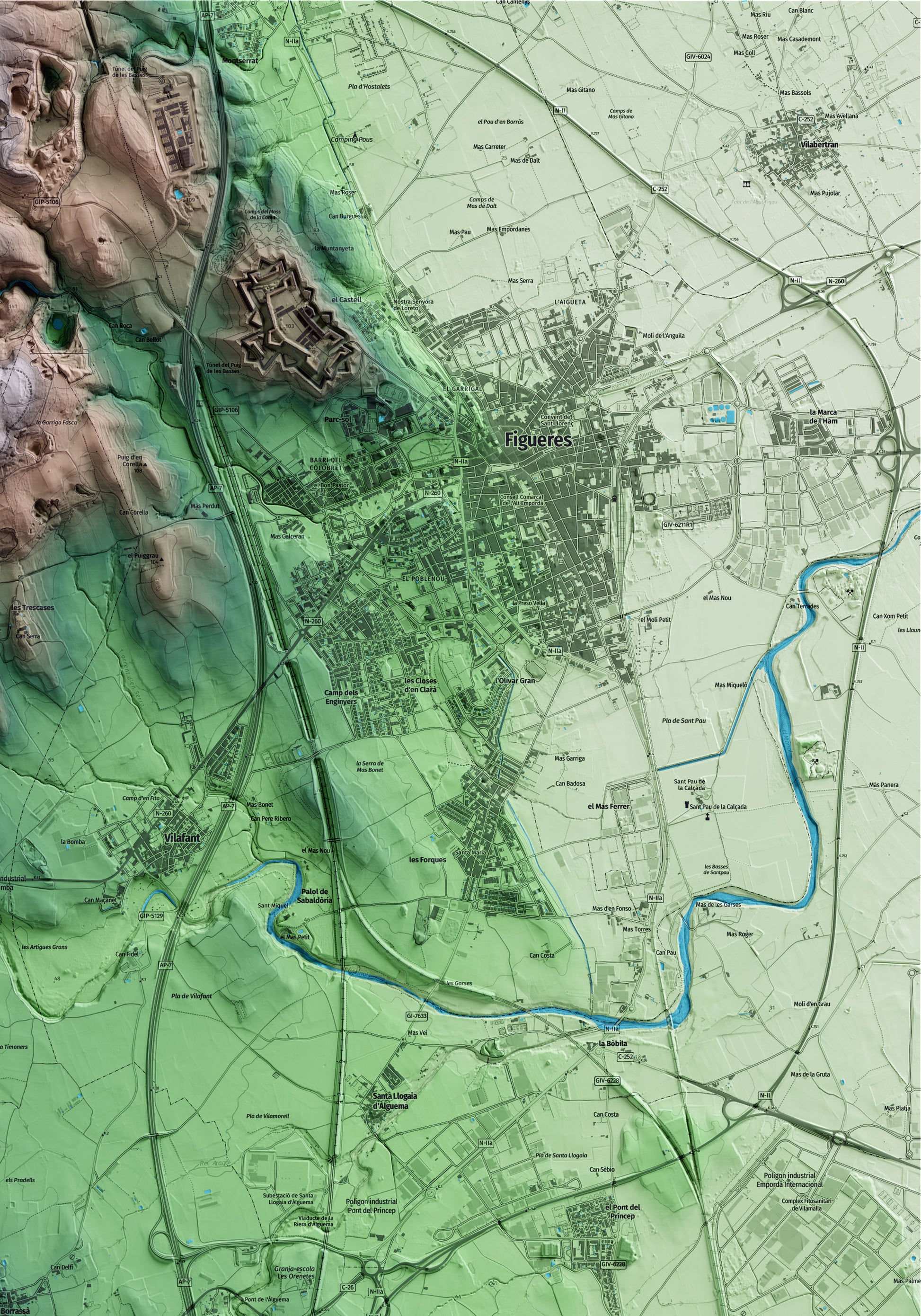 Mapa artístico del relieve de Borrassà, al Alt Empordà, con 15 km de entorno y base topográfica ICGC. Detalle de la zona superior derecha.