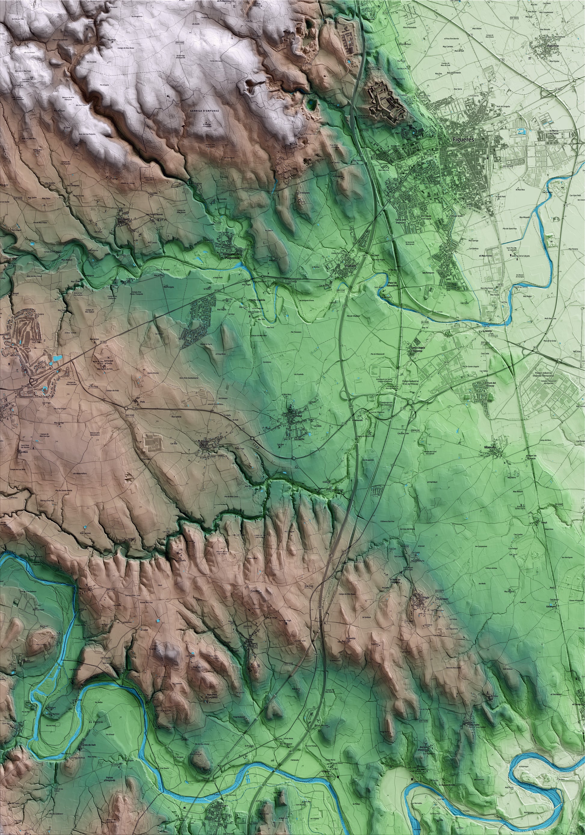 Mapa artístico del relieve de Borrassà, al Alt Empordà, con 15 km de entorno y base topográfica ICGC