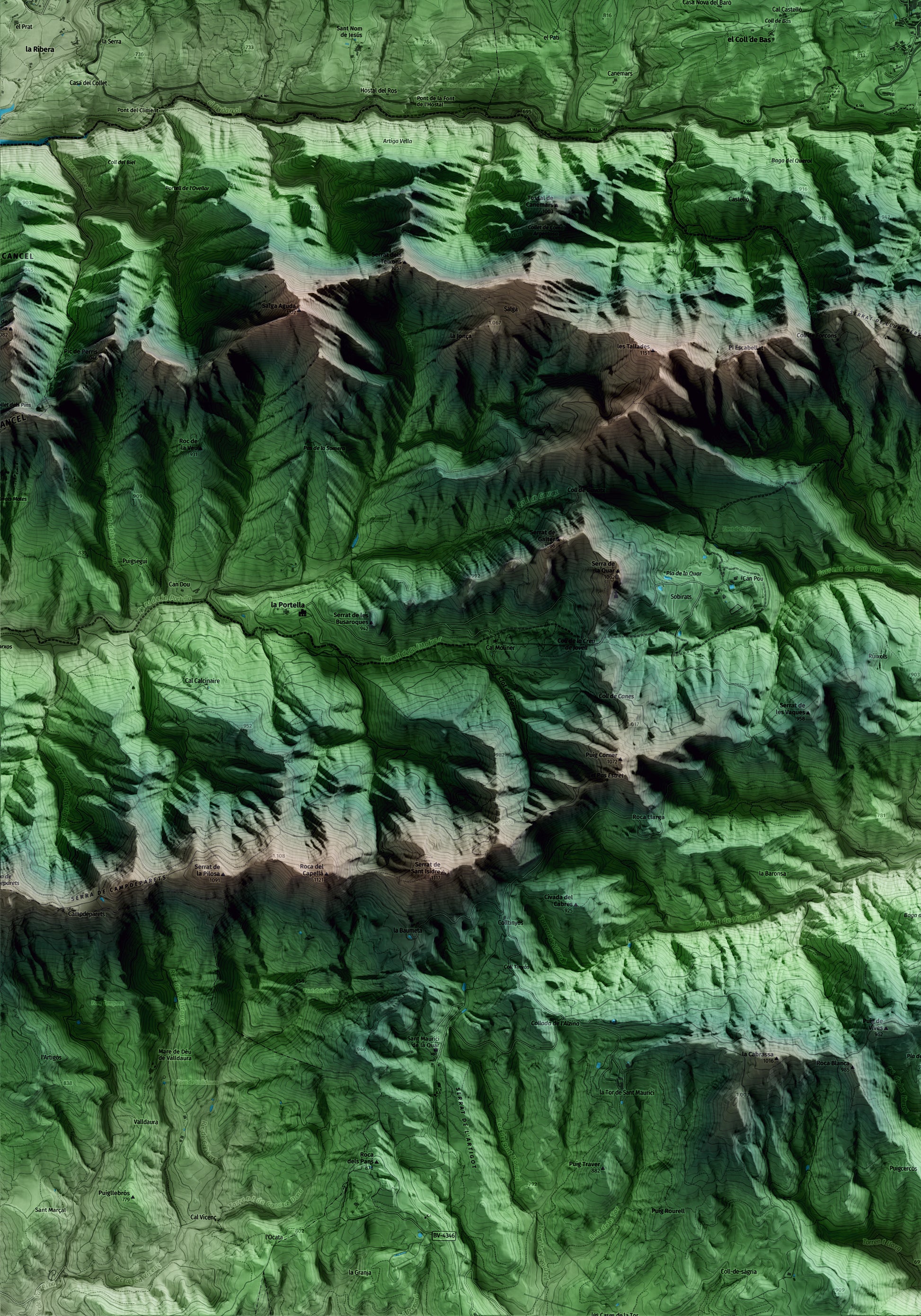 Mapa artístico del relieve de Borredà, al Berguedà, con 15 km de entorno y base topográfica ICGC. Detalle de la zona inferior izquierda.