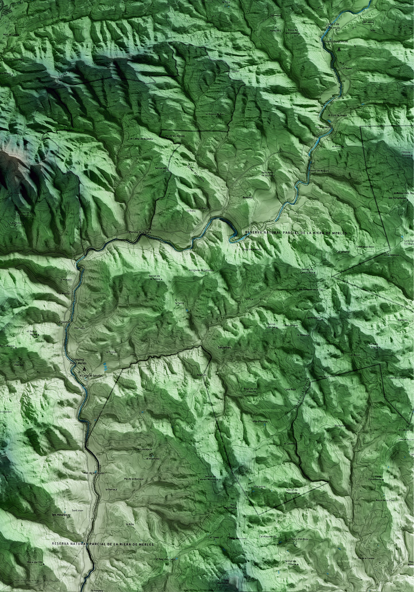 Mapa artístico del relieve de Borredà, al Berguedà, con 15 km de entorno y base topográfica ICGC. Detalle de la zona inferior derecha.