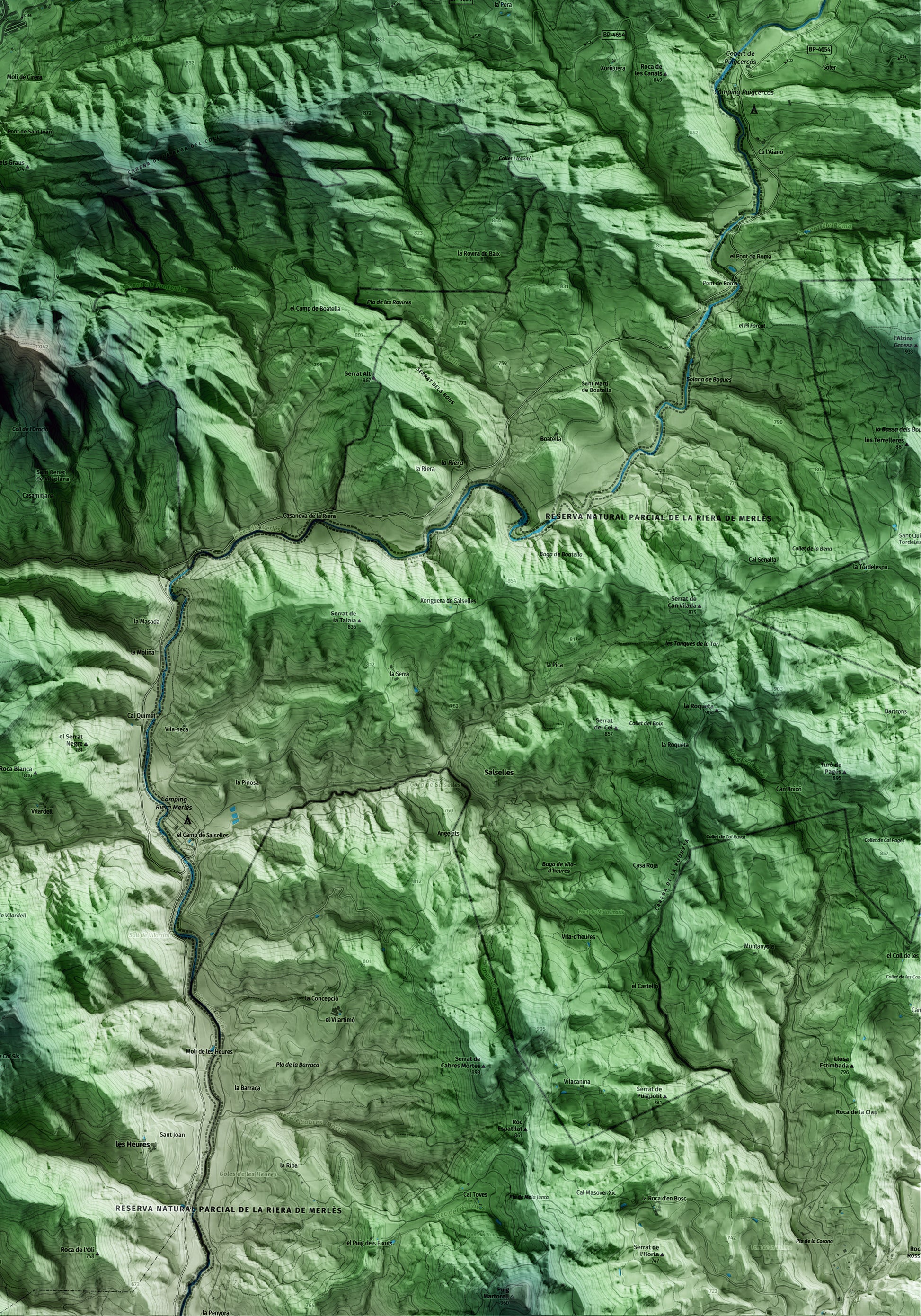 Mapa artístico del relieve de Borredà, al Berguedà, con 15 km de entorno y base topográfica ICGC. Detalle de la zona inferior derecha.
