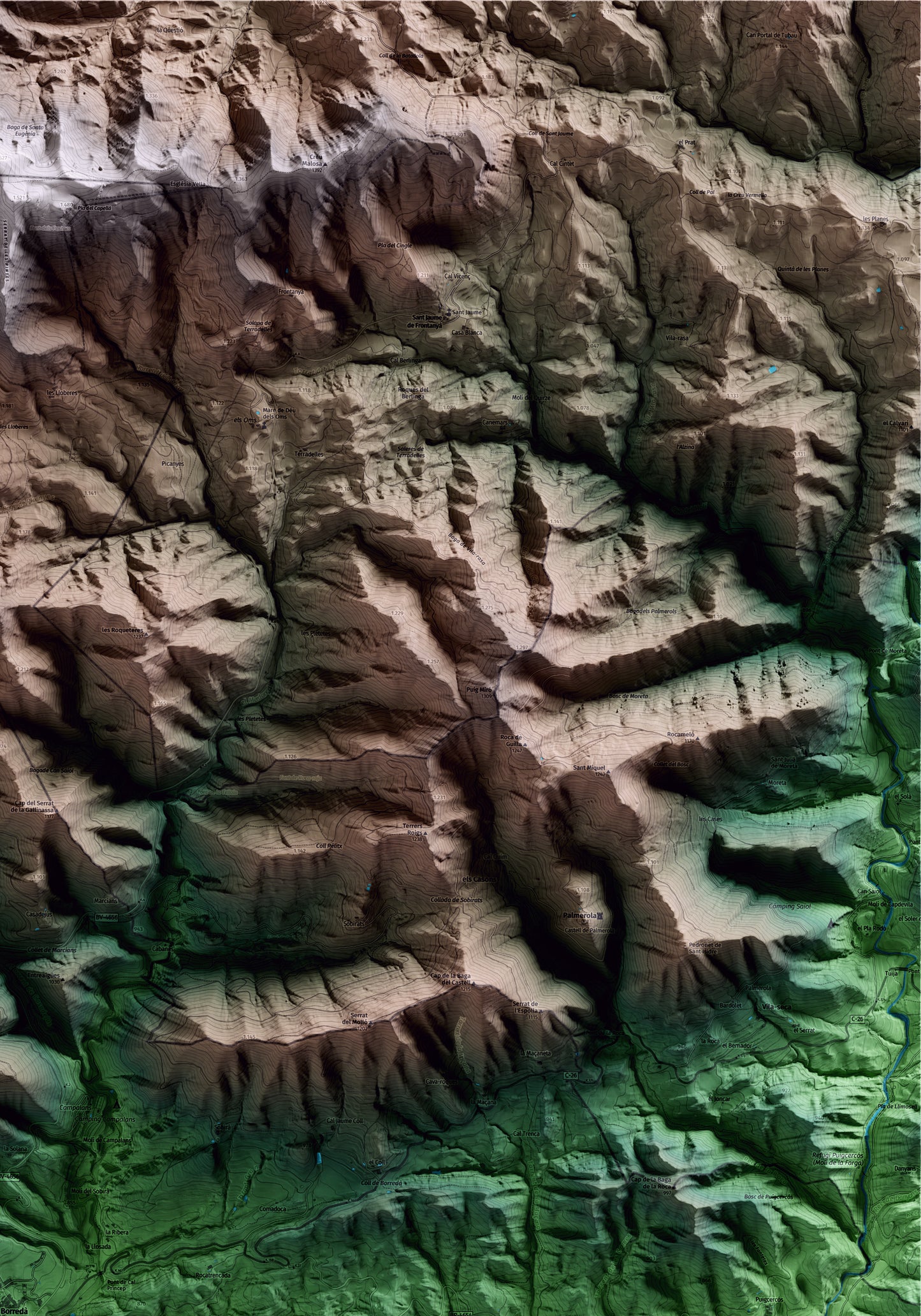 Mapa artístico del relieve de Borredà, al Berguedà, con 15 km de entorno y base topográfica ICGC. Detalle de la zona superior derecha.