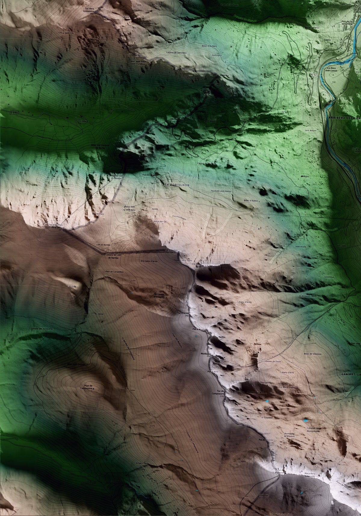 Mapa artístico del relieve de Bossòst, al Aran, con 15 km de entorno y base topográfica ICGC. Detalle de la zona inferior izquierda.