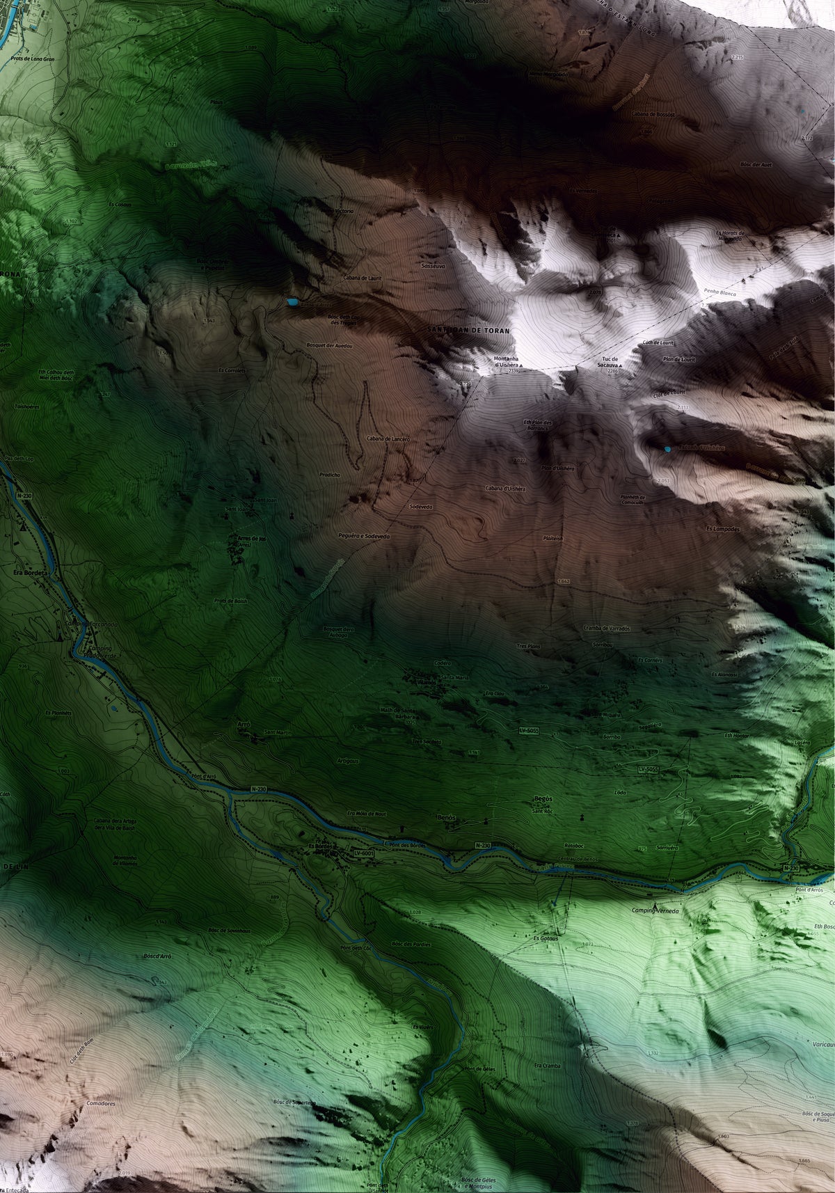 Mapa artístico del relieve de Bossòst, al Aran, con 15 km de entorno y base topográfica ICGC. Detalle de la zona inferior derecha.
