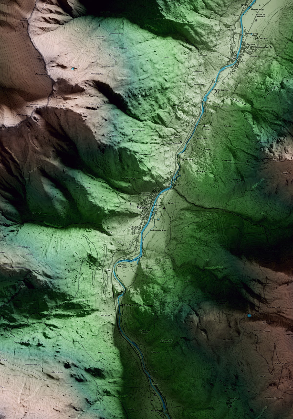 Mapa artístico del relieve de Bossòst, al Aran, con 15 km de entorno y base topográfica ICGC. Detalle de la zona central.