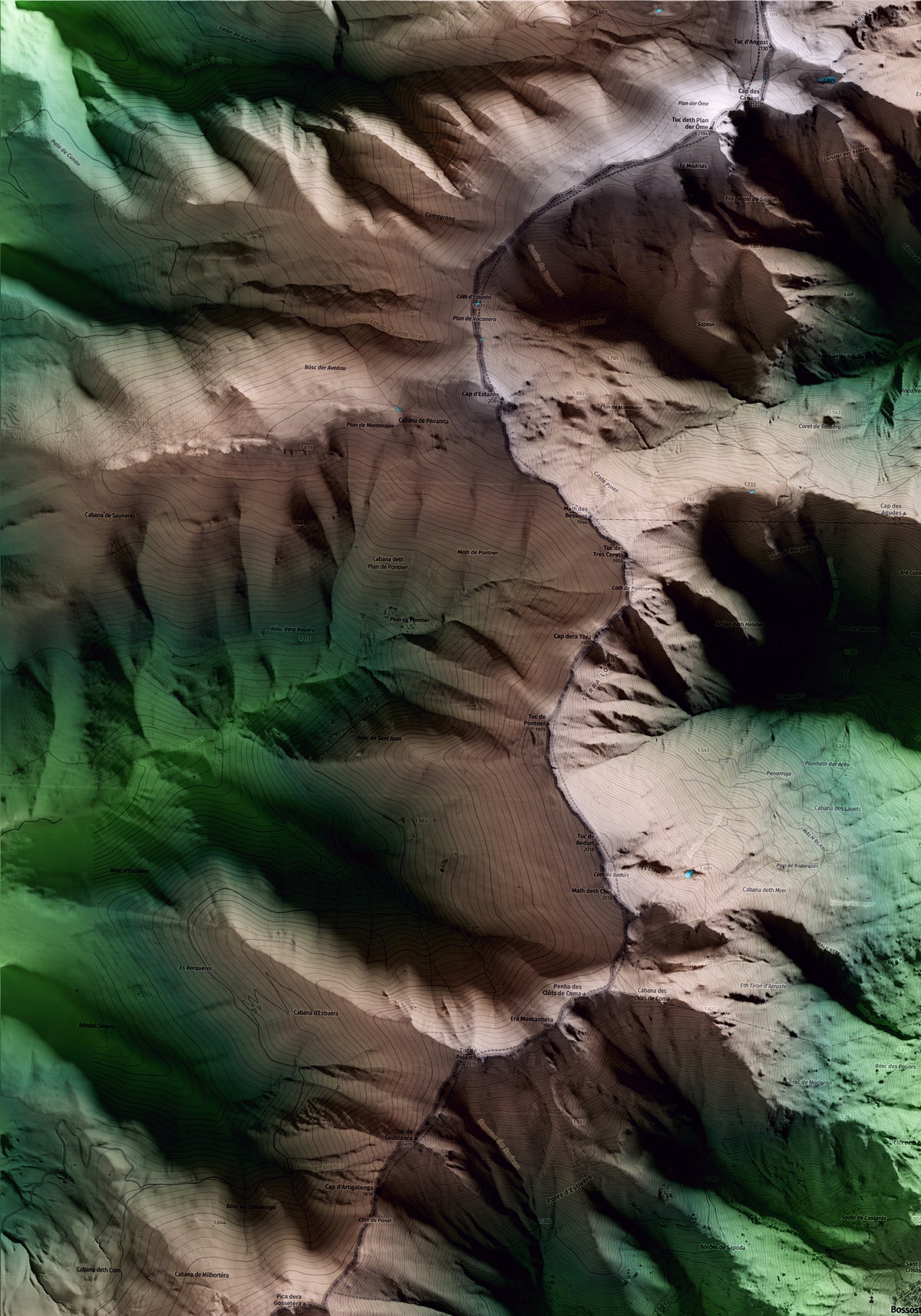 Mapa artístico del relieve de Bossòst, al Aran, con 15 km de entorno y base topográfica ICGC. Detalle de la zona superior izquierda.