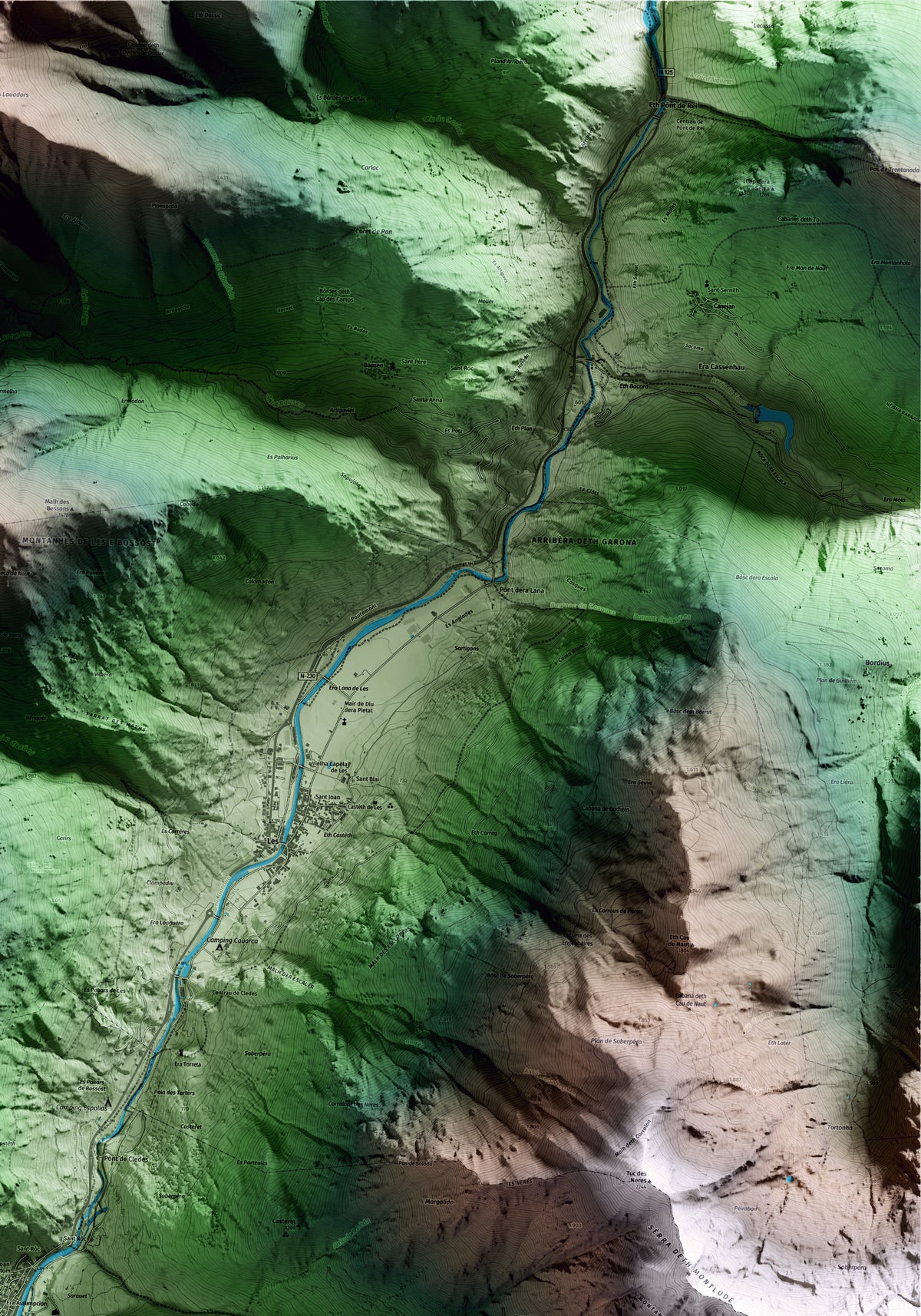 Mapa artístico del relieve de Bossòst, al Aran, con 15 km de entorno y base topográfica ICGC. Detalle de la zona superior derecha.