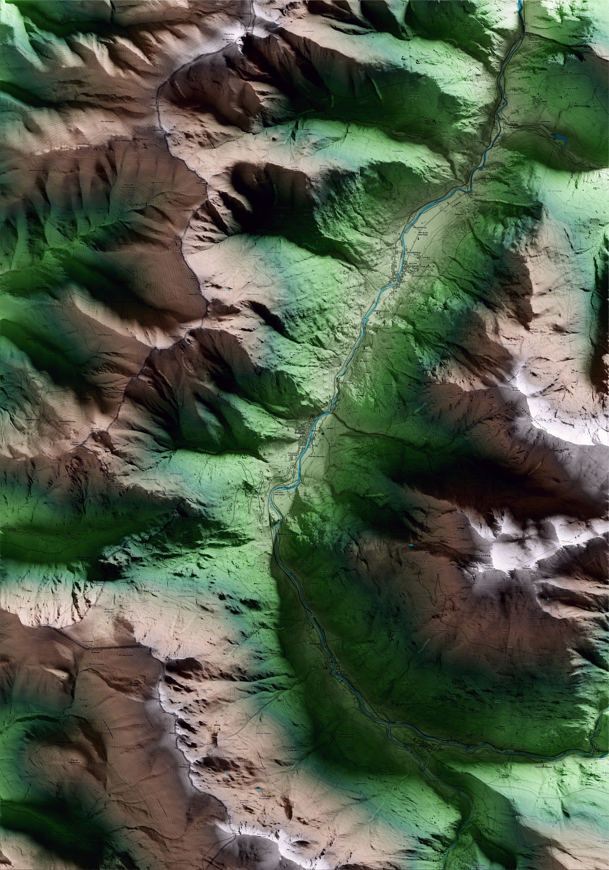 Mapa artístico del relieve de Bossòst, al Aran, con 15 km de entorno y base topográfica ICGC
