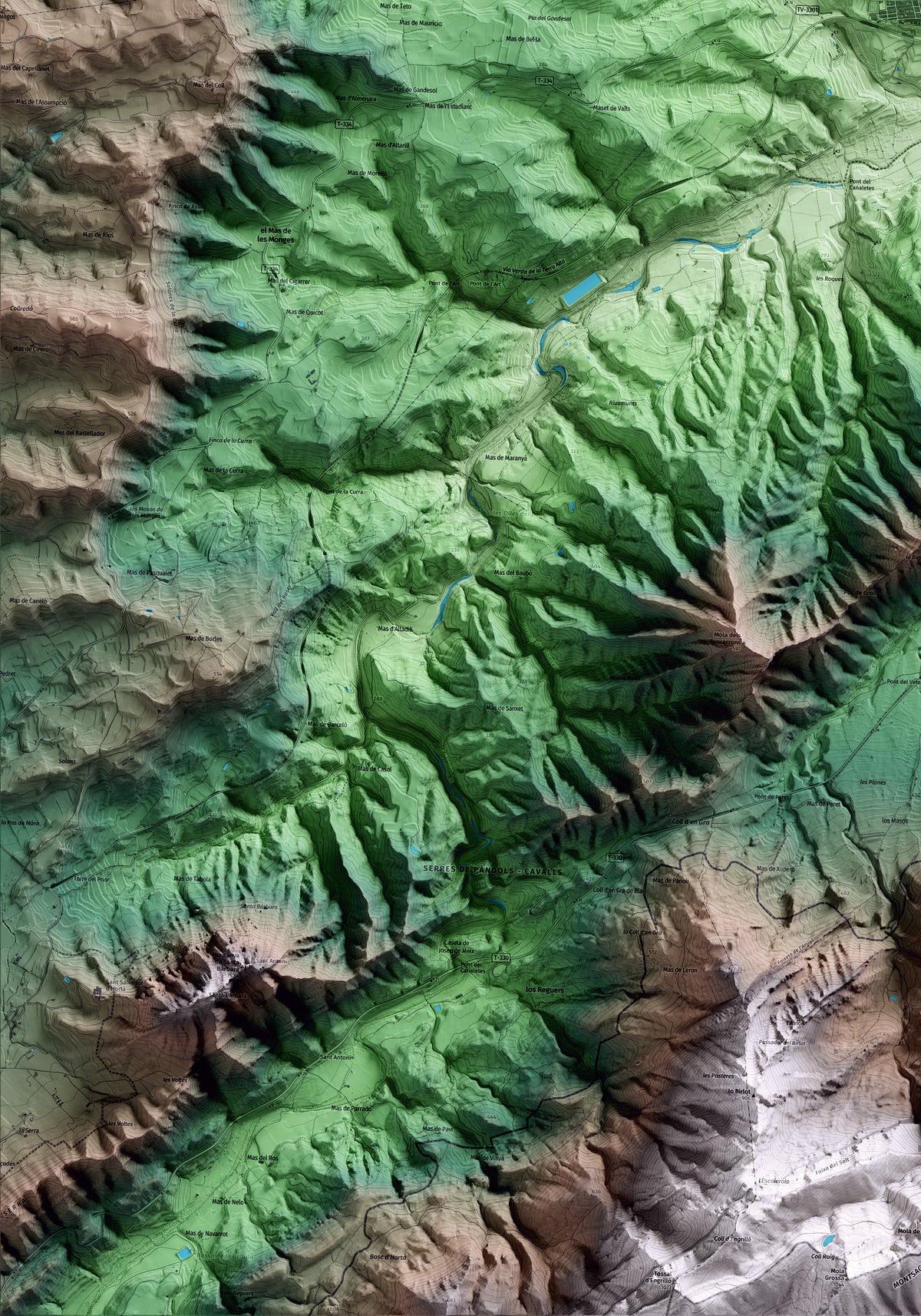 Mapa artístico del relieve de Bot, a la Terra Alta, con 15 km de entorno y base topográfica ICGC. Detalle de la zona inferior izquierda.