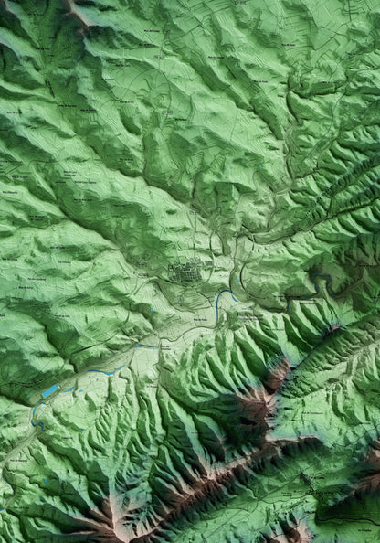 Mapa artístico del relieve de Bot, a la Terra Alta, con 15 km de entorno y base topográfica ICGC. Detalle de la zona central.