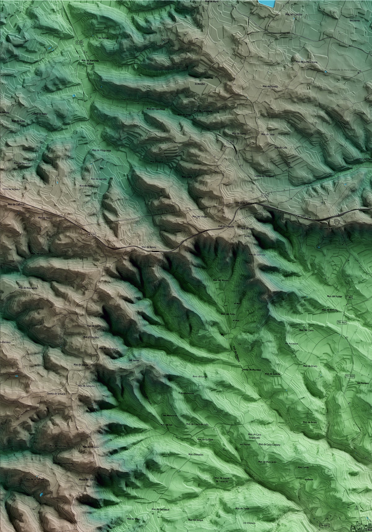 Mapa artístico del relieve de Bot, a la Terra Alta, con 15 km de entorno y base topográfica ICGC. Detalle de la zona superior izquierda.