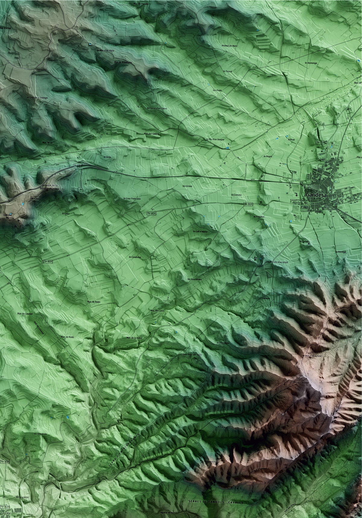Mapa artístico del relieve de Bot, a la Terra Alta, con 15 km de entorno y base topográfica ICGC. Detalle de la zona superior derecha.