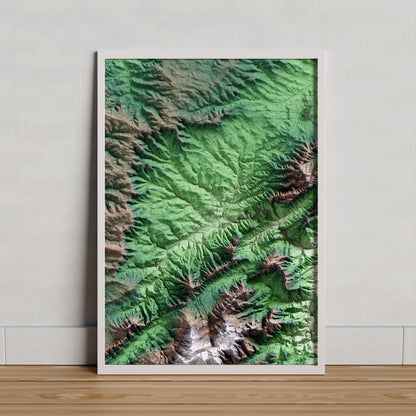 Mapa artístico del relieve de Bot, a la Terra Alta, con 15 km de entorno y base topográfica ICGC. Presentación enmarcada.